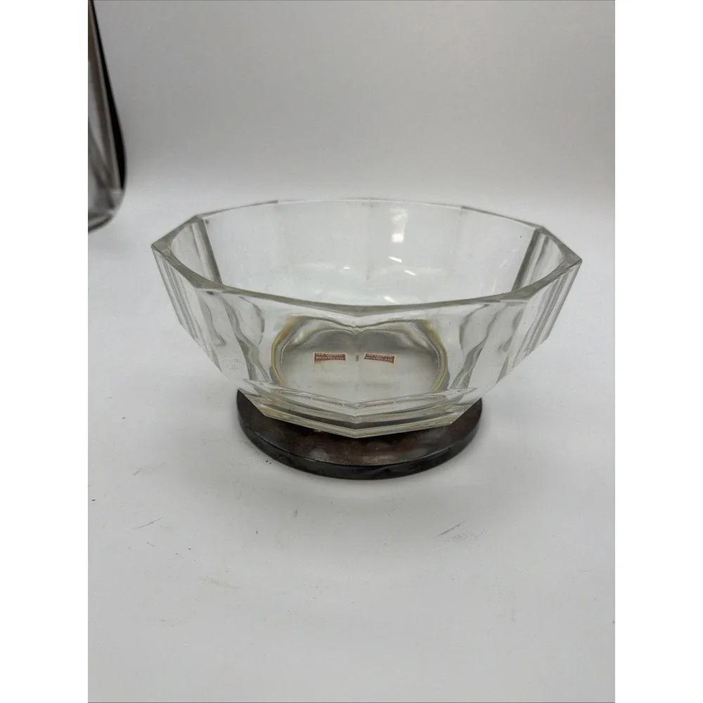 Italy Crystal Paneled Bowl With Silver Plate Base MCM Vintage Heavy